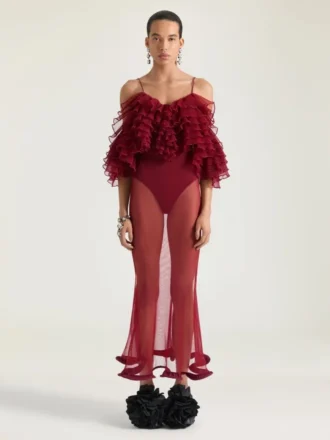 Langes Rüschenkleid aus ultrafeinem Strick